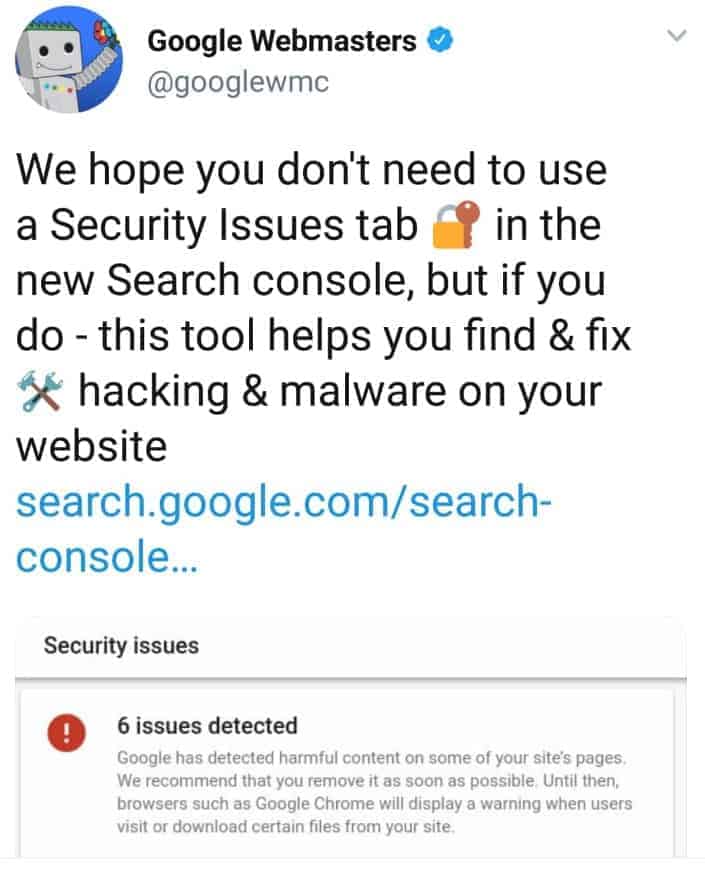 Google Search Console Security Issues Tweet by @googlewmc